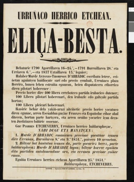 Affiche de la première édition des concours basques lors des fêtes patronales d'Urrugne en 1851 - Crédit : Bibliothèque nationale de France