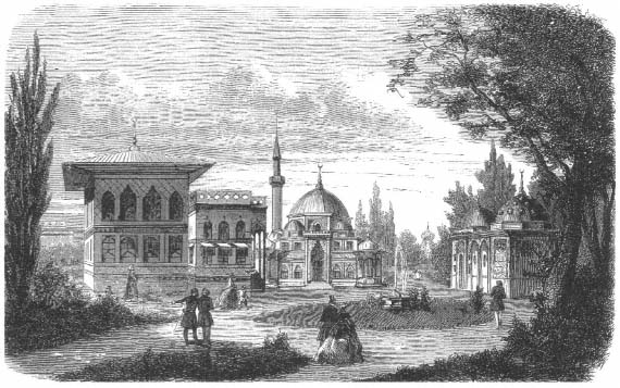 Le quartier turc de l'Exposition universelle de 1867, édifié par Léon Parvillée. De gauche à droite, le pavillon du Bosphore, la mosquée, la fontaine, les bains - Crédit : <em>L'Illustration</em>, 2 mars 1867