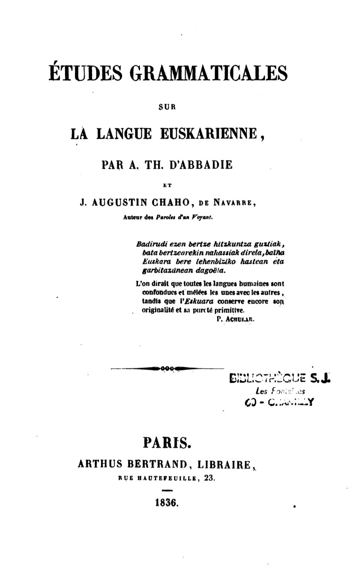Page de garde de l'ouvrage publié par Augustin Chaho et Antoine d'Abbadie en 1836 - Crédit : Bibliothèque de Chantilly