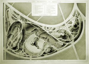 Plan du parc des Buttes-Chaumont, par Alphand. Planche de Alphand A., <em>Les promenades de Paris</em>, Rothschild Ed., Paris, 1867-1873