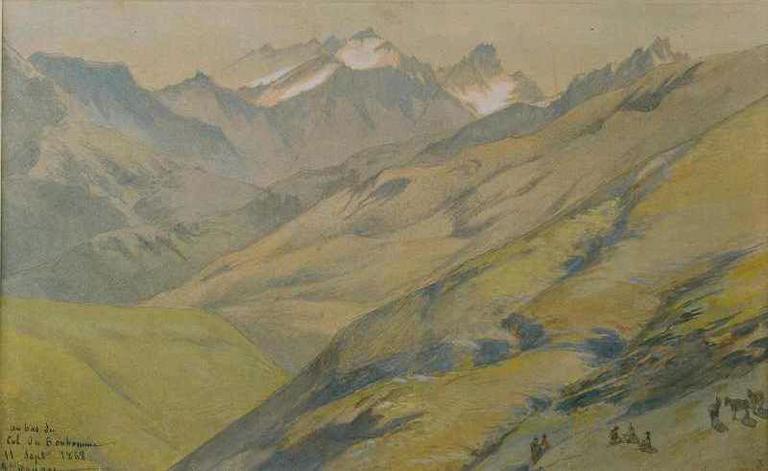 Au bas du col de Bonhomme, paysage des Alpes, aquarelle par E.E. Viollet-le-Duc, 1868 - Crédit : Musée Lambinet, Versailles