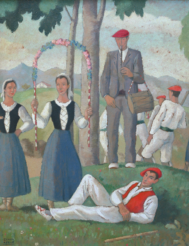 Ramiro Arrue, La fête basque : danse au cerceau et txistulari, huile sur panneau, vers 1925, collection particulière - Crédit : Hôtel Drouot